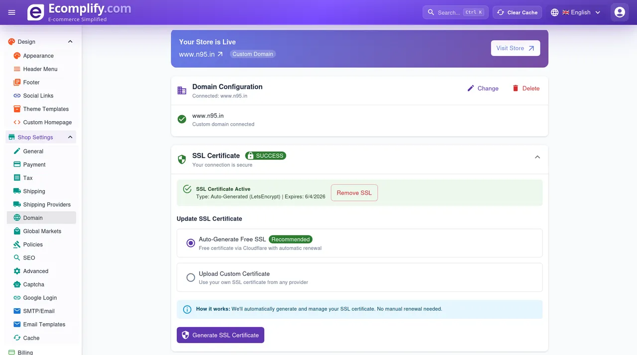 Domain & SSL — Ecomplify