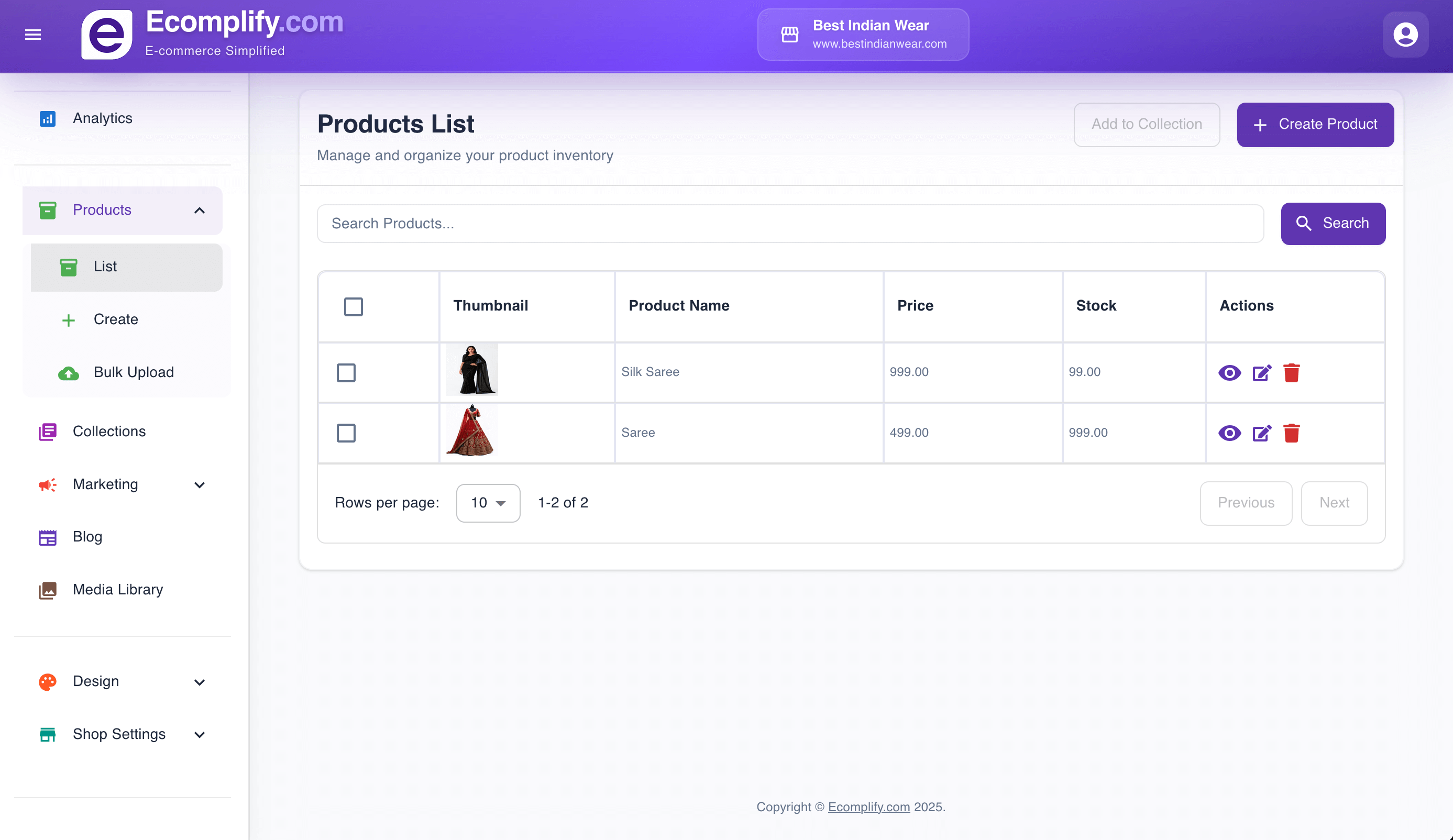 Product Management Screenshot