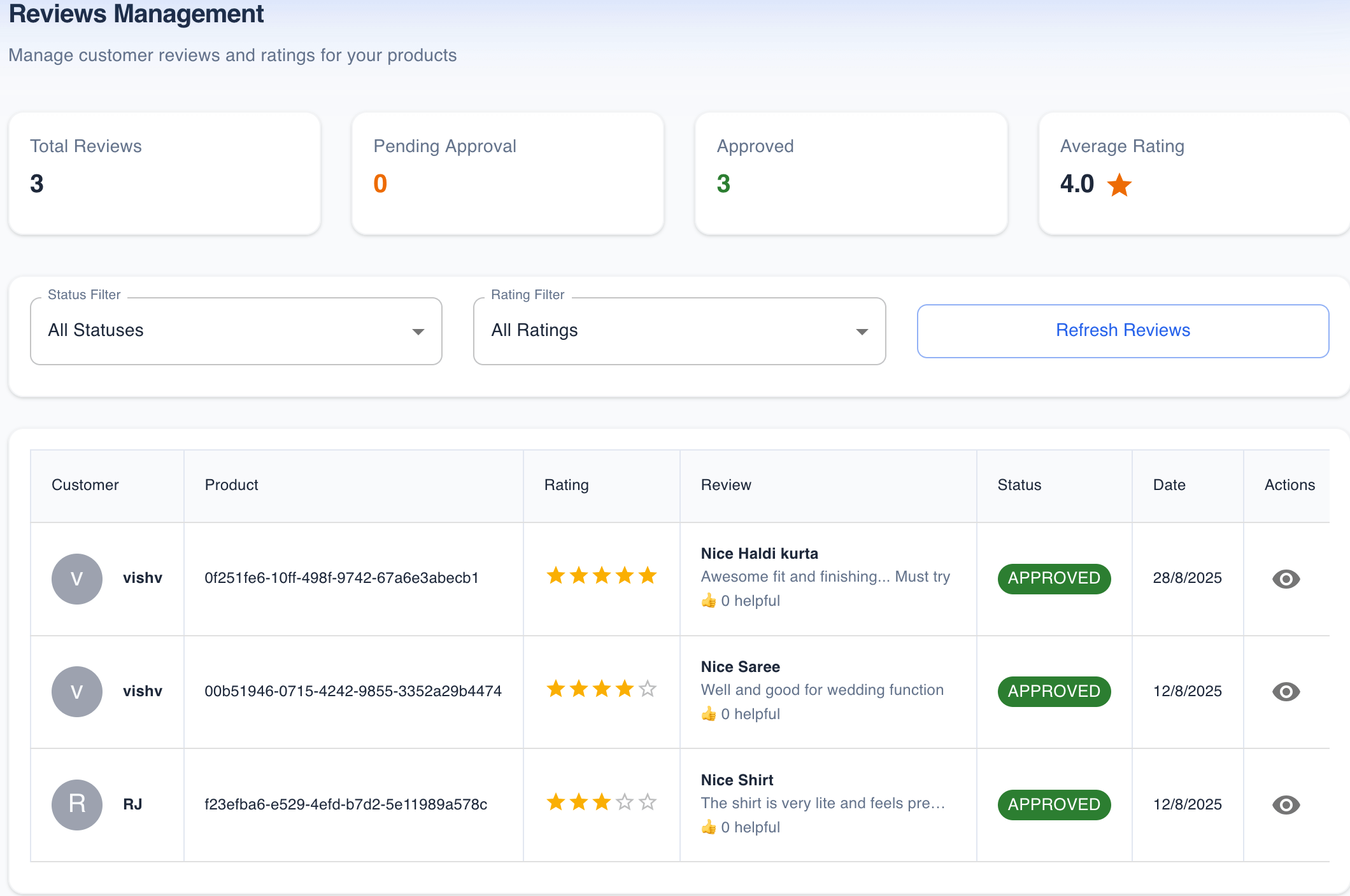 Reviews Management Screenshot